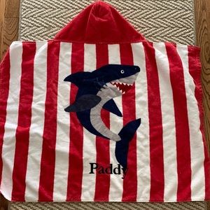 PB kids hooded shark red white blue towel. EUC. Personalized “Paddy”
